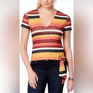 Self Esteem Striped Surplice Wrap Top